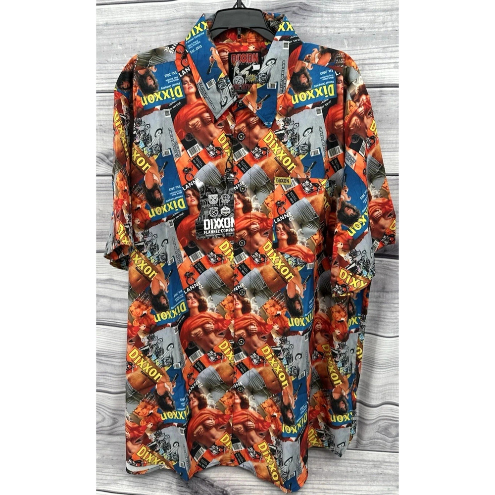 Dixxon Flannel Co Button Up Party Shirt, "The Articles" Nudie Pin up, Size Large
